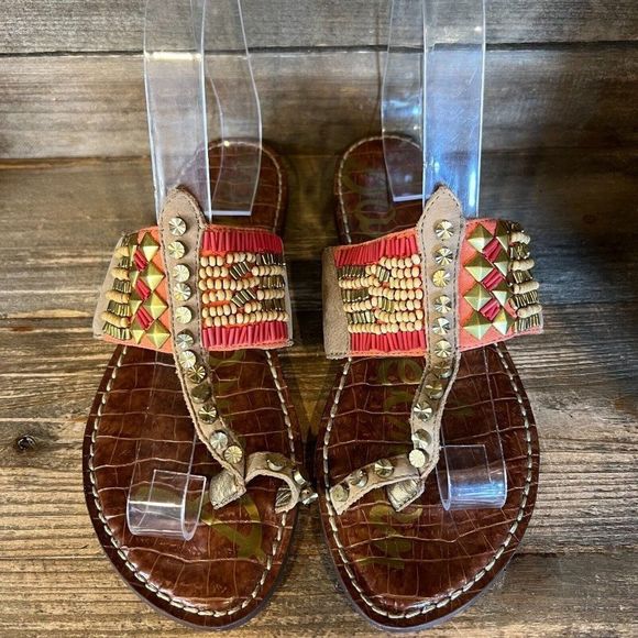 Womens Sam Edelman Gideon Brown Beaded Suede Leather Sandals Shoes Size 6 M GUC - Picture 3 of 6